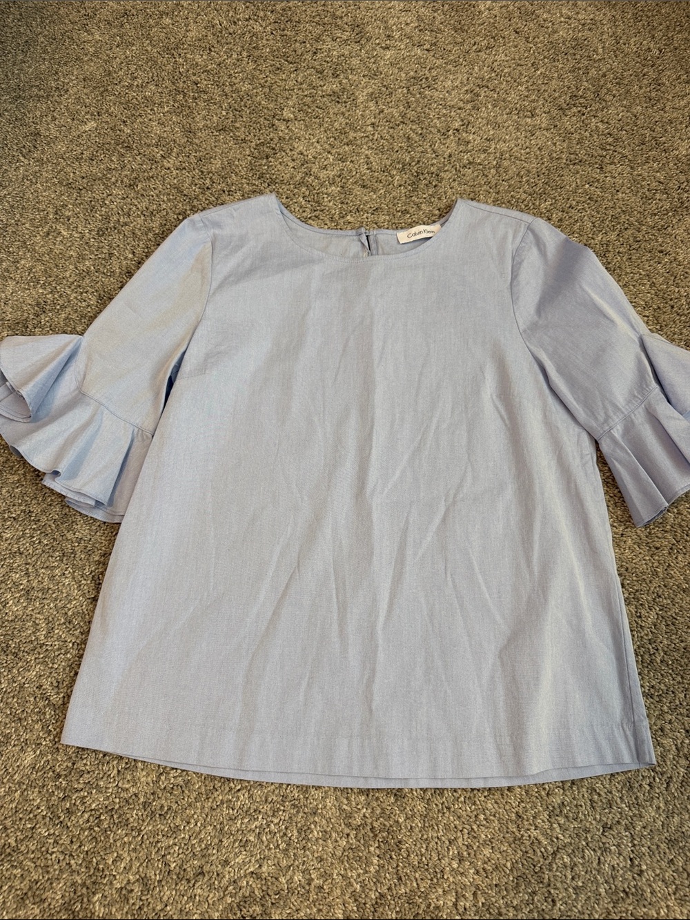 Calvin Klein Lt Blue Blouse w/ Ruffled S/S. Sleeves, Sm., exc., $16